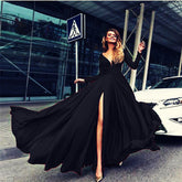 Langärmliges bodenlanges V-Ausschnitt-Split-Mode-Damenkleid